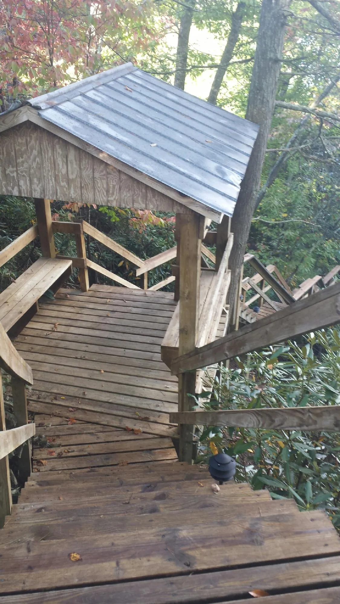 Metal roofed shelter over wooden steps on a wooded walkway — Skylight Repair & Installation work by our crew in Harbert
